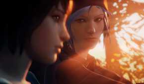 An image from the game Life is Strange, showing two girls in a car while one looks at the other during the setting sun.