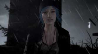 An image from the game Life is Strange, showing a blue-haired girl wearing a beanie and a jacket looking emotional as rain pours down around her.