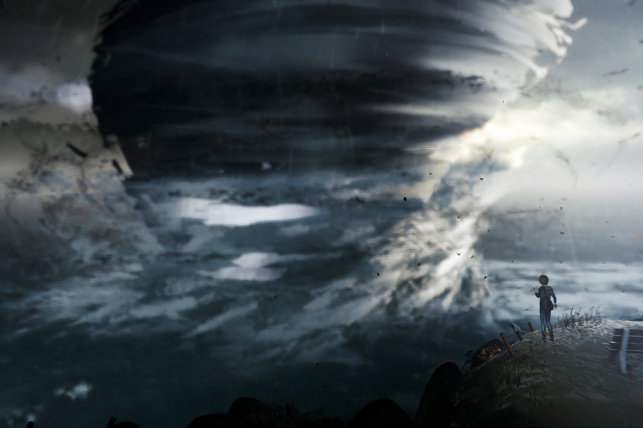 An image from the game Life is Strange, showing a huge tornado.