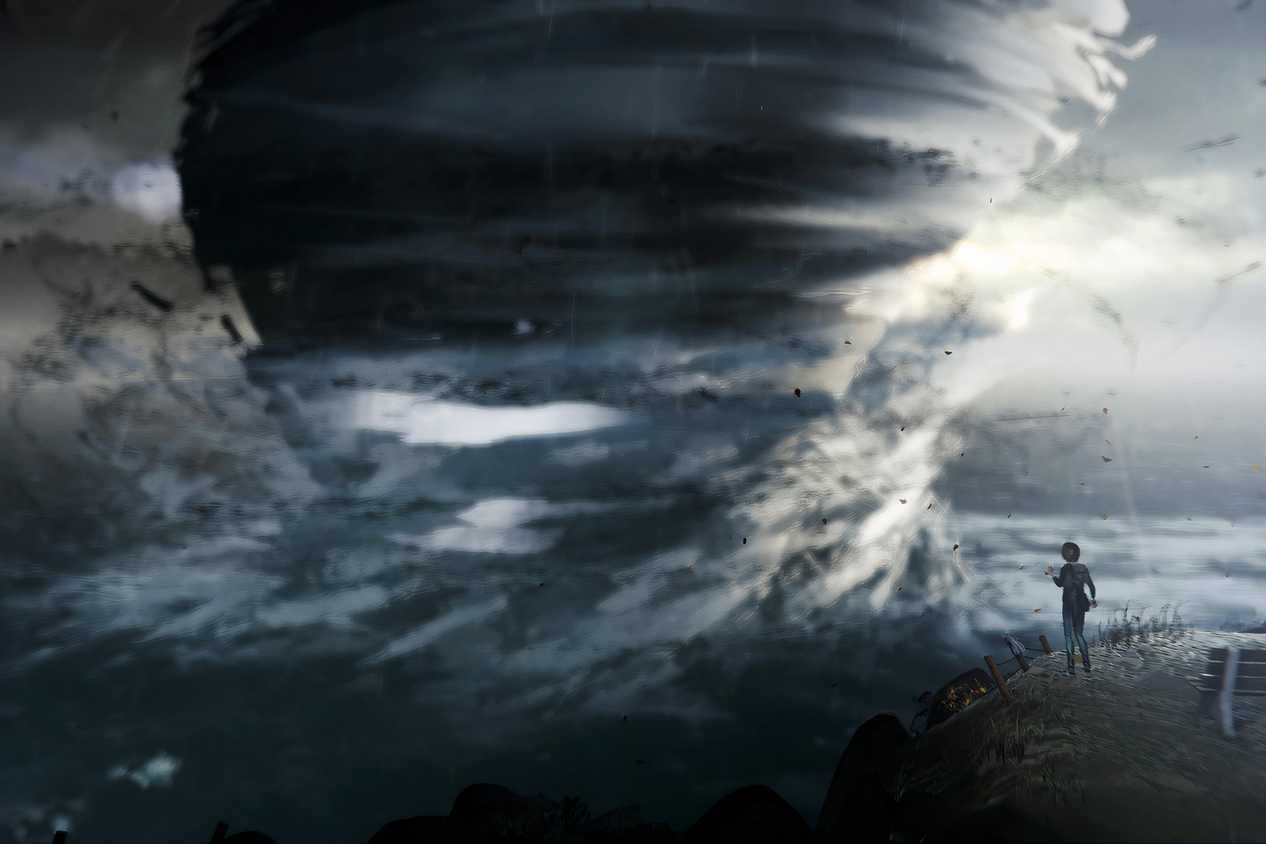 An image from the game Life is Strange, showing a huge tornado.