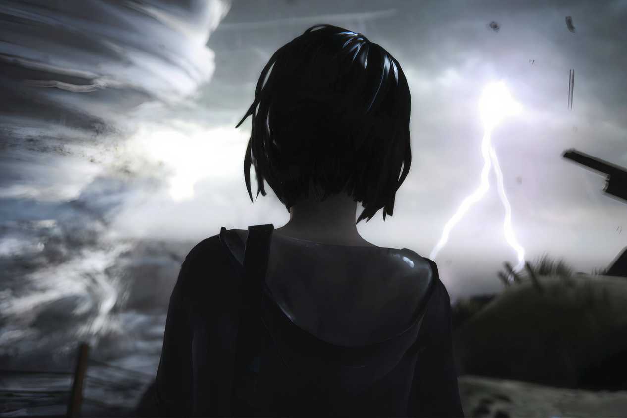 An image from the game Life is Strange, showing a girl look at a huge tornado as lightning crackles.