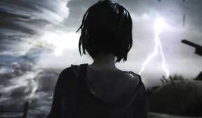 An image from the game Life is Strange, showing a girl look at a huge tornado as lightning crackles.