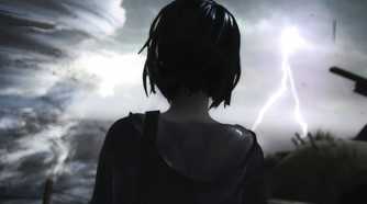 An image from the game Life is Strange, showing a girl look at a huge tornado as lightning crackles.