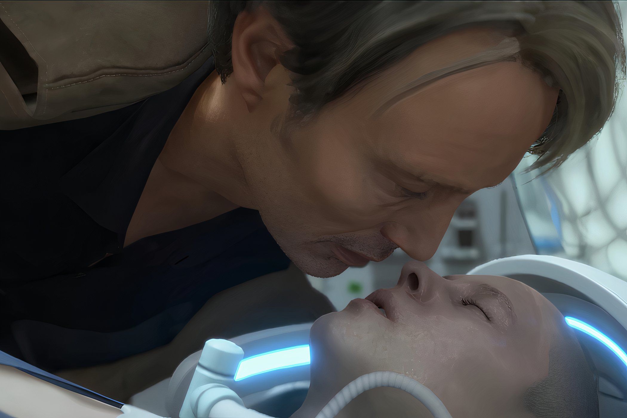 An image from the game "Death Stranding", showing a man leaning over an unconscious person.