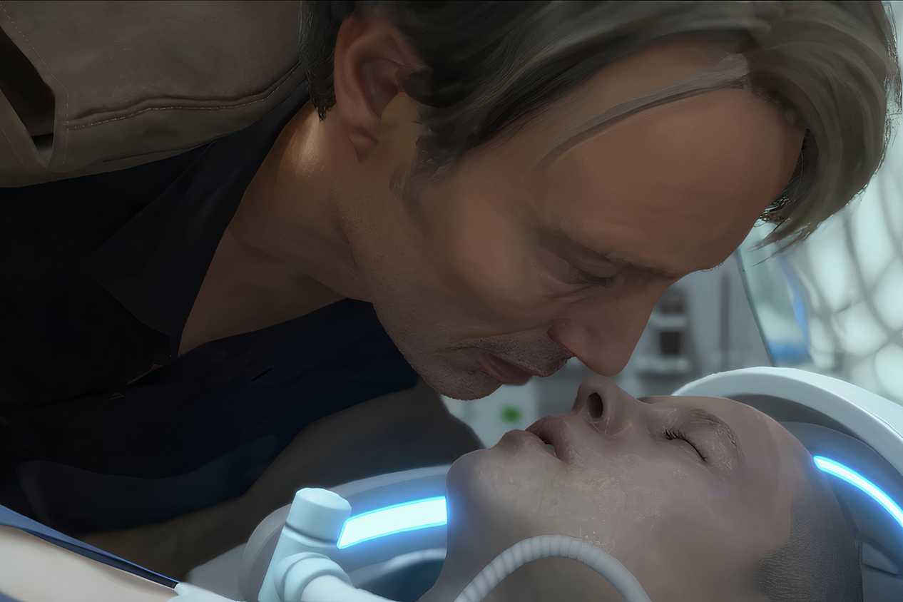 An image from the game "Death Stranding", showing a man leaning over an unconscious person.