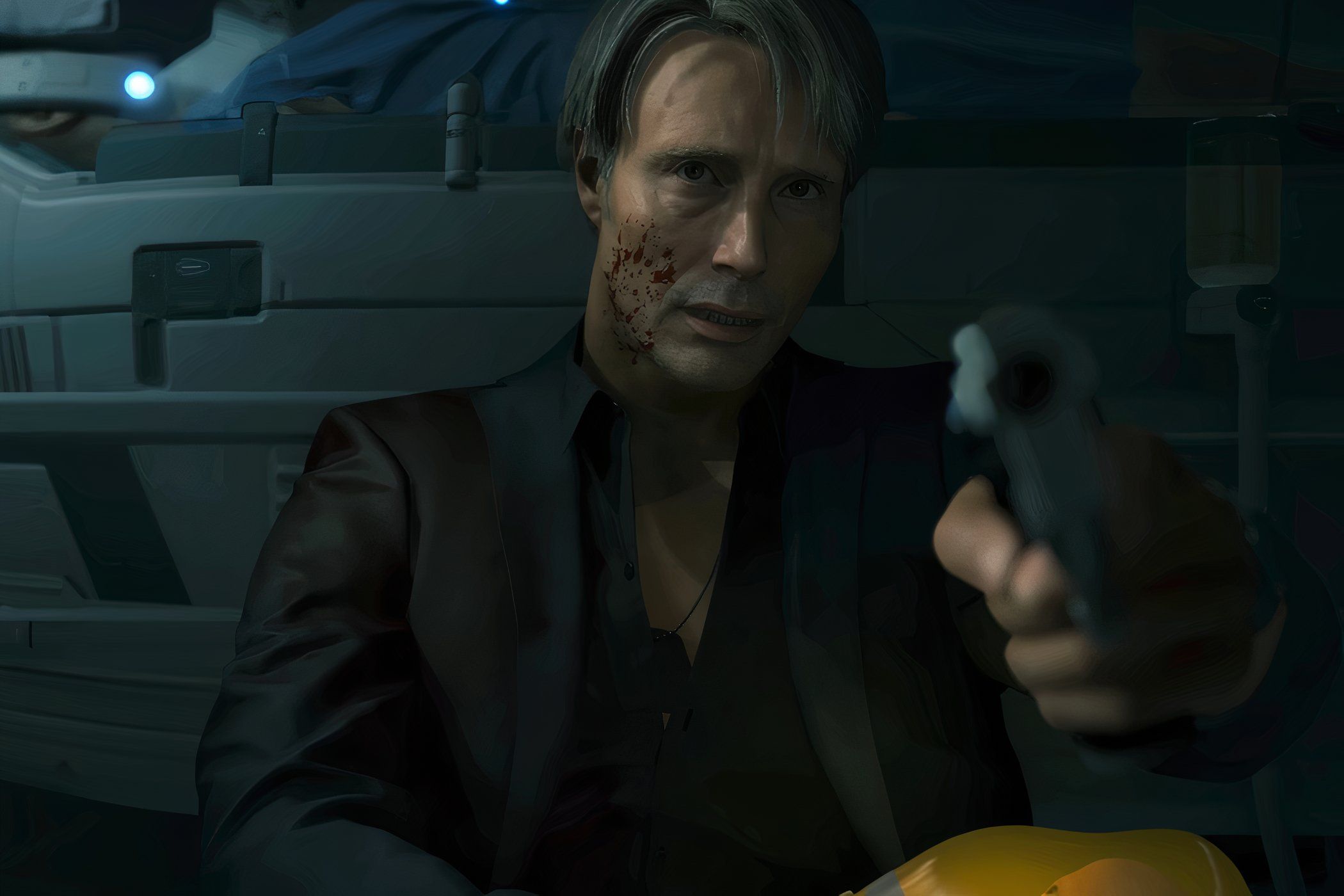An image from the game "Death Stranding", showing a man with blood on their face as he points a gun.