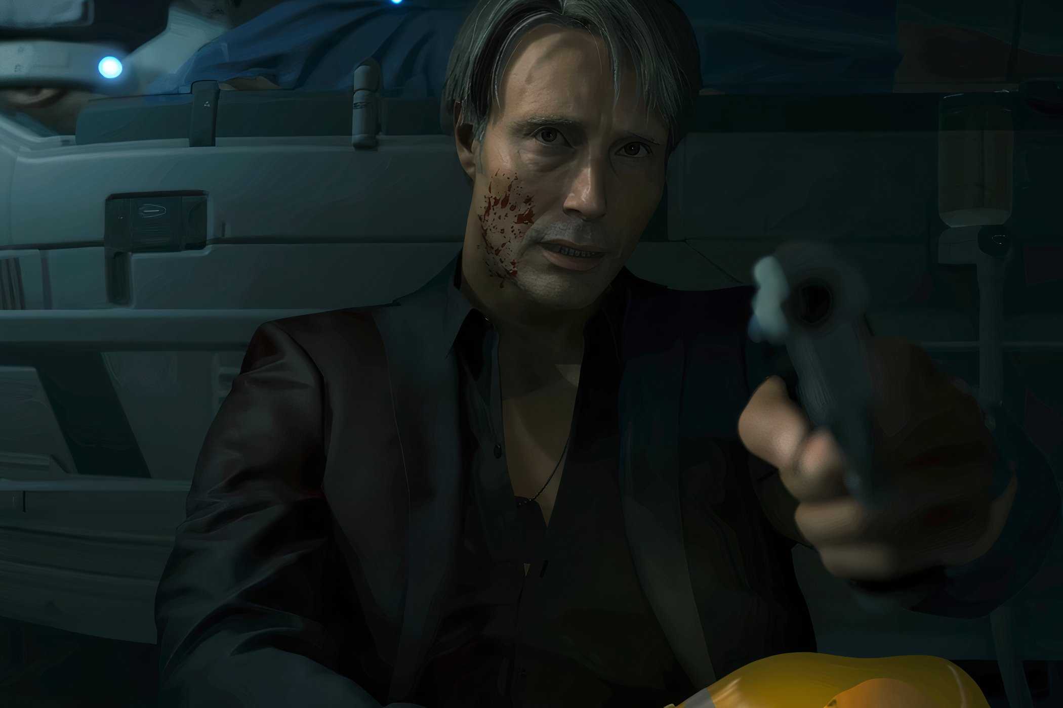 An image from the game "Death Stranding", showing a man with blood on their face as he points a gun.