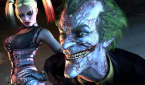 An image from the game "Batman: Arkham City", showing the Joker lean int othe camera with a smile on his face as Harley Quinn stands next to him.