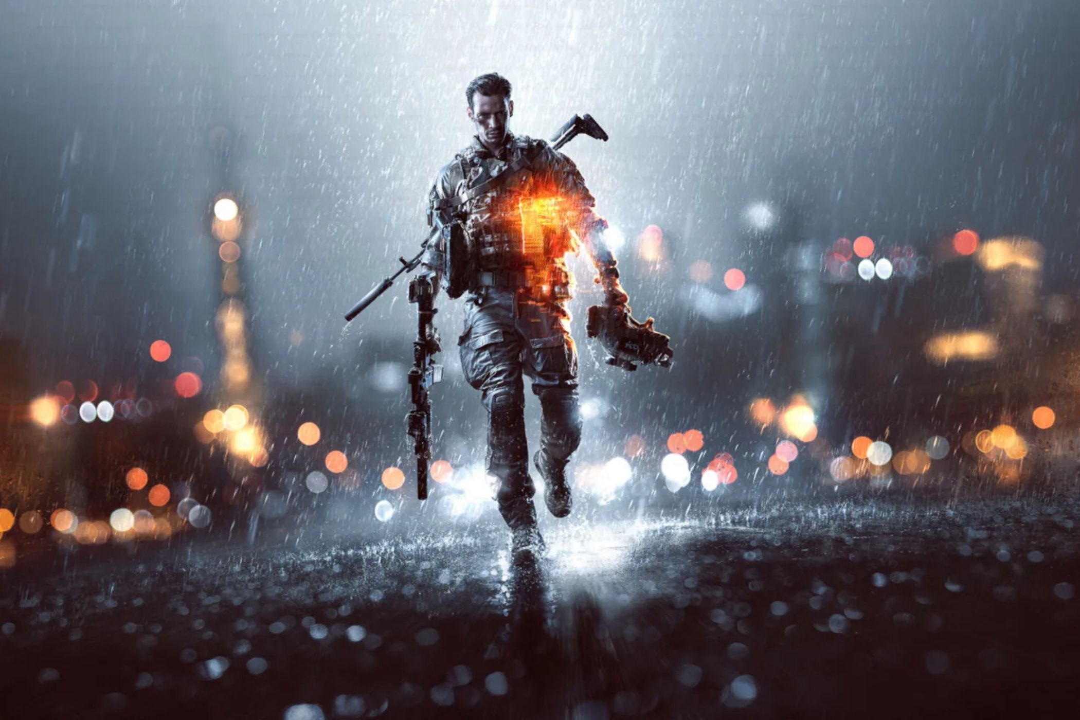 Battlfield soldier running in rain