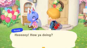 Animal Crossing new horizons villager talking to Rosie
