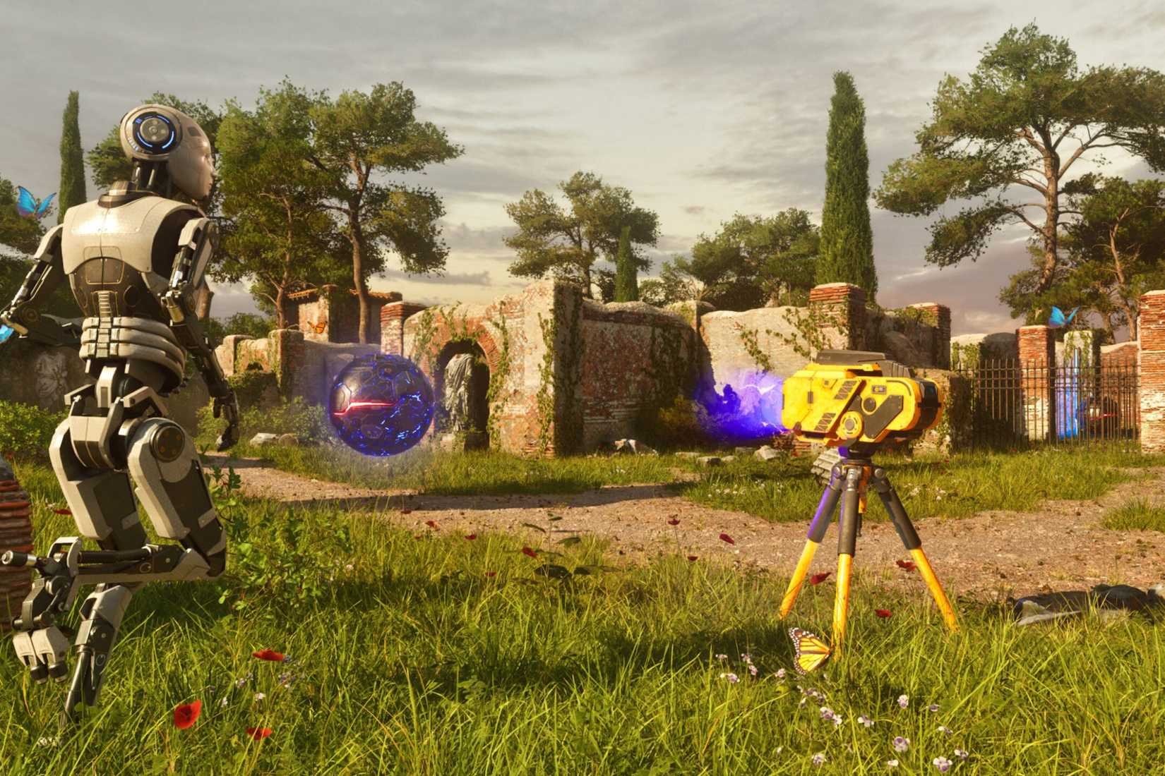 The Talos Principle Robot running through courtyard