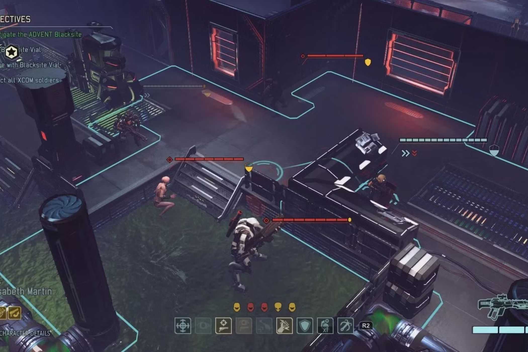 XCOM gameplay units hiding behind cover