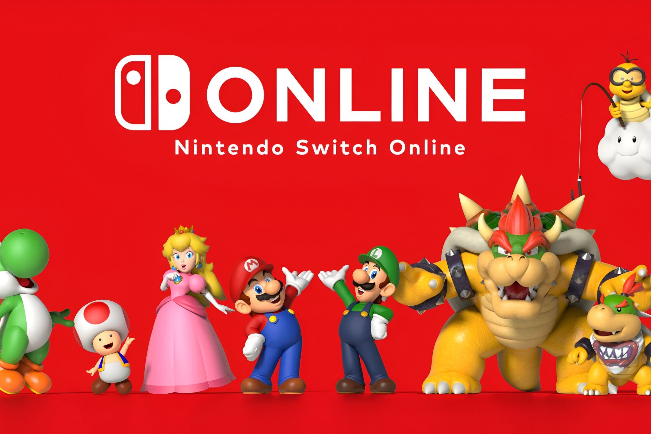 An image of Nintendo's online service, Nintendo Switch Online, showing characters such as Mario, Luigi, Princess Peach, and Bowser in front of a red background.