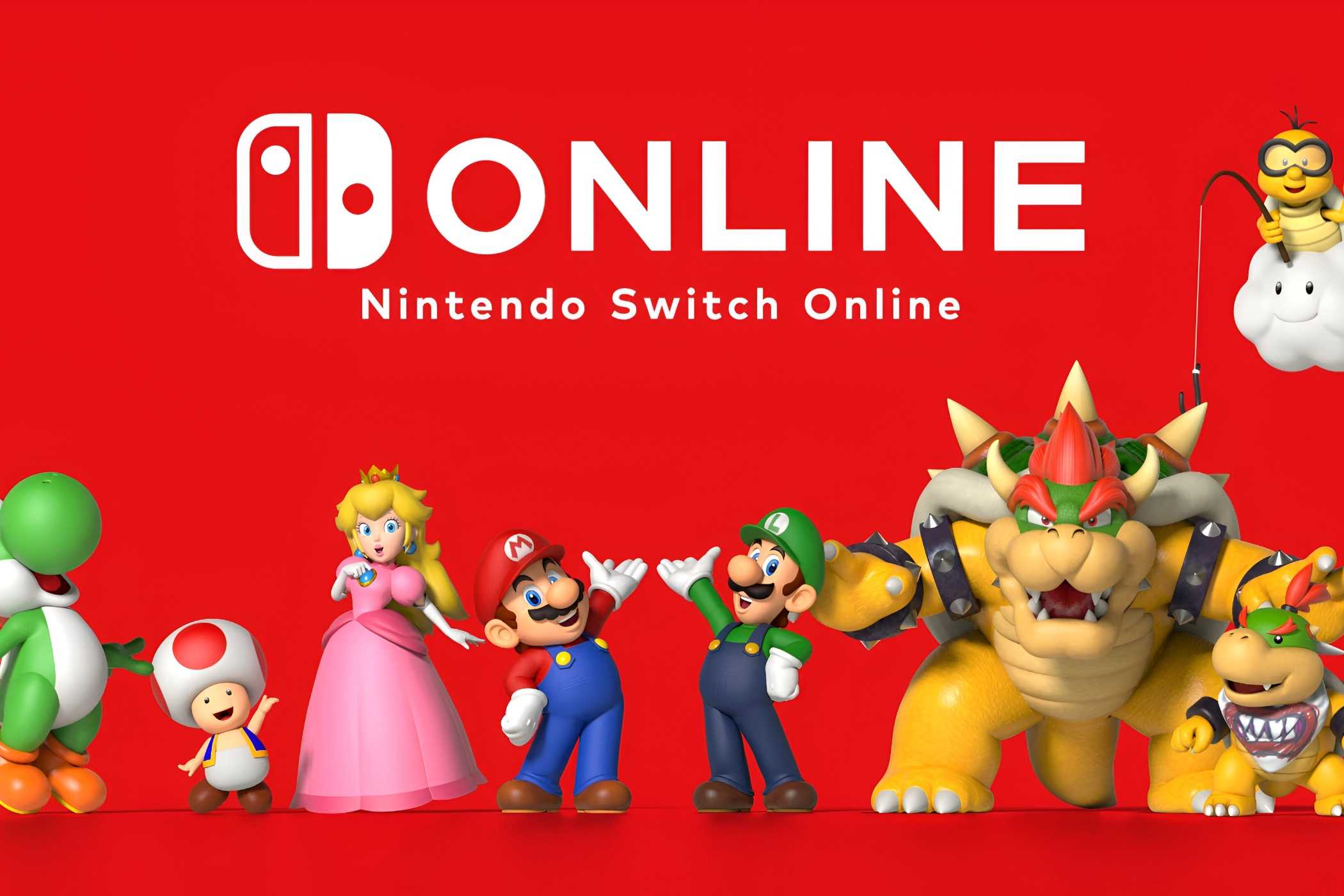 An image of Nintendo's online service, Nintendo Switch Online, showing characters such as Mario, Luigi, Princess Peach, and Bowser in front of a red background.