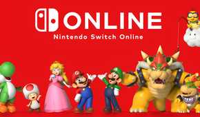 An image of Nintendo's online service, Nintendo Switch Online, showing characters such as Mario, Luigi, Princess Peach, and Bowser in front of a red background.