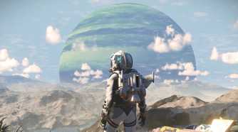A person wearing a spacsuit look at an arid planet while another huge planet looms in the background.