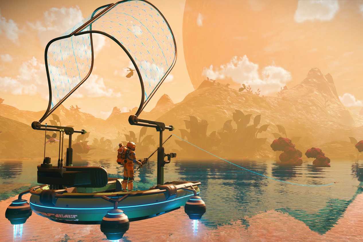 A screenshot from the game No Man's Sky, showing a person fishing on a planet.
