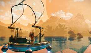 A screenshot from the game No Man's Sky, showing a person fishing on a planet.