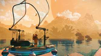 A screenshot from the game No Man's Sky, showing a person fishing on a planet.