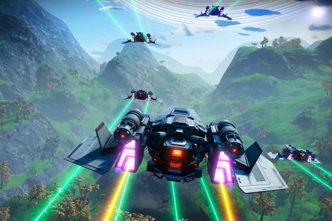 A screenshot from the game No Man's Sky, showing multiple flying ships on a moss-covered planet.