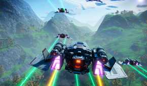 A screenshot from the game No Man's Sky, showing multiple flying ships on a moss-covered planet.