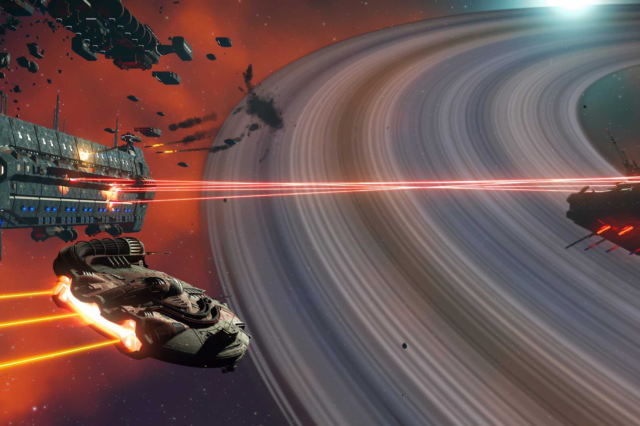 A screenshot from the game No Man's Sky, showing spaceships combat with lasers in space.