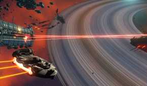 A screenshot from the game No Man's Sky, showing spaceships combat with lasers in space.