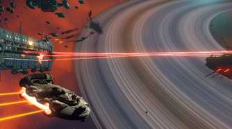 A screenshot from the game No Man's Sky, showing spaceships combat with lasers in space.