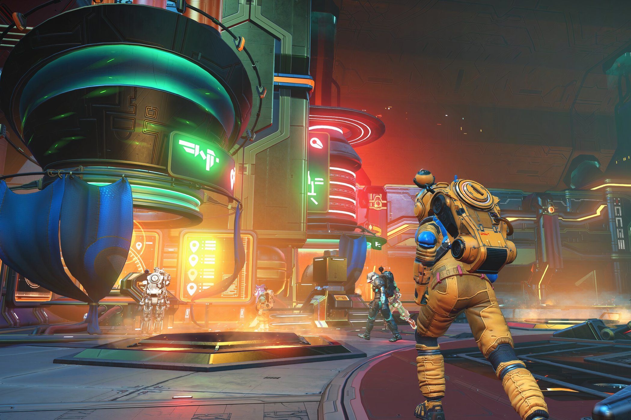A screenshot from the game No Man's Sky, showing a person running around in a space station.