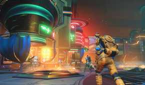 A screenshot from the game No Man's Sky, showing a person running around in a space station.