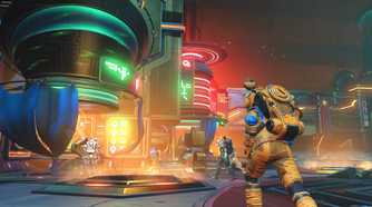 A screenshot from the game No Man's Sky, showing a person running around in a space station.