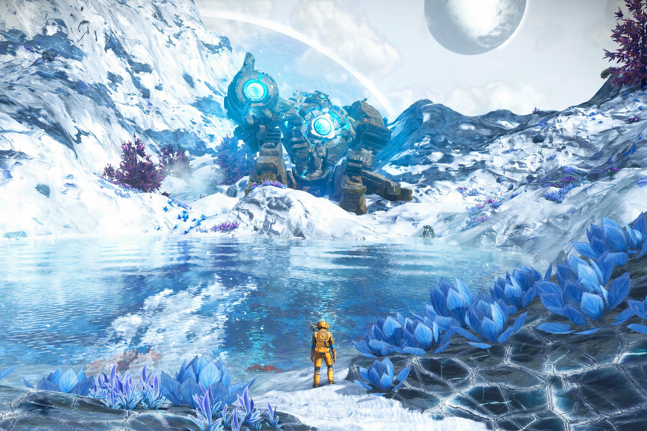 A screenshot from the game No Man's Sky, showing a person standing next to a colk pond in a tundra-like planet.