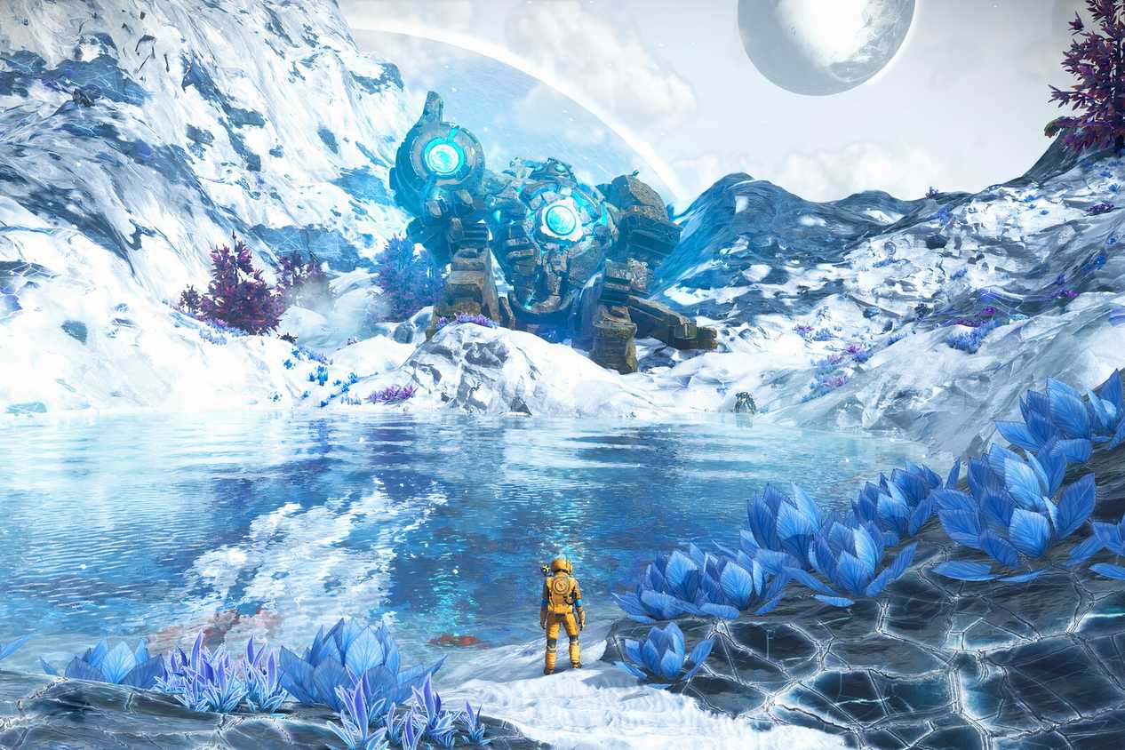 A screenshot from the game No Man's Sky, showing a person standing next to a colk pond in a tundra-like planet.