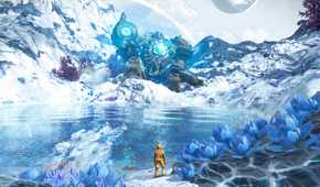 A screenshot from the game No Man's Sky, showing a person standing next to a colk pond in a tundra-like planet.