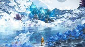 A screenshot from the game No Man's Sky, showing a person standing next to a colk pond in a tundra-like planet.
