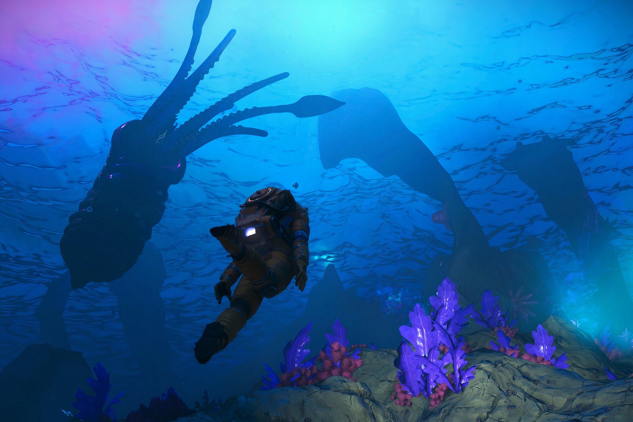 A screenshot from the game No Man's Sky, showing a person exploring underwater.