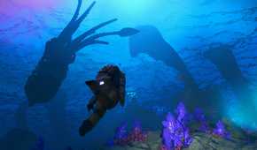 A screenshot from the game No Man's Sky, showing a person exploring underwater.