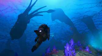 A screenshot from the game No Man's Sky, showing a person exploring underwater.