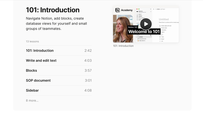 the notion academy course page