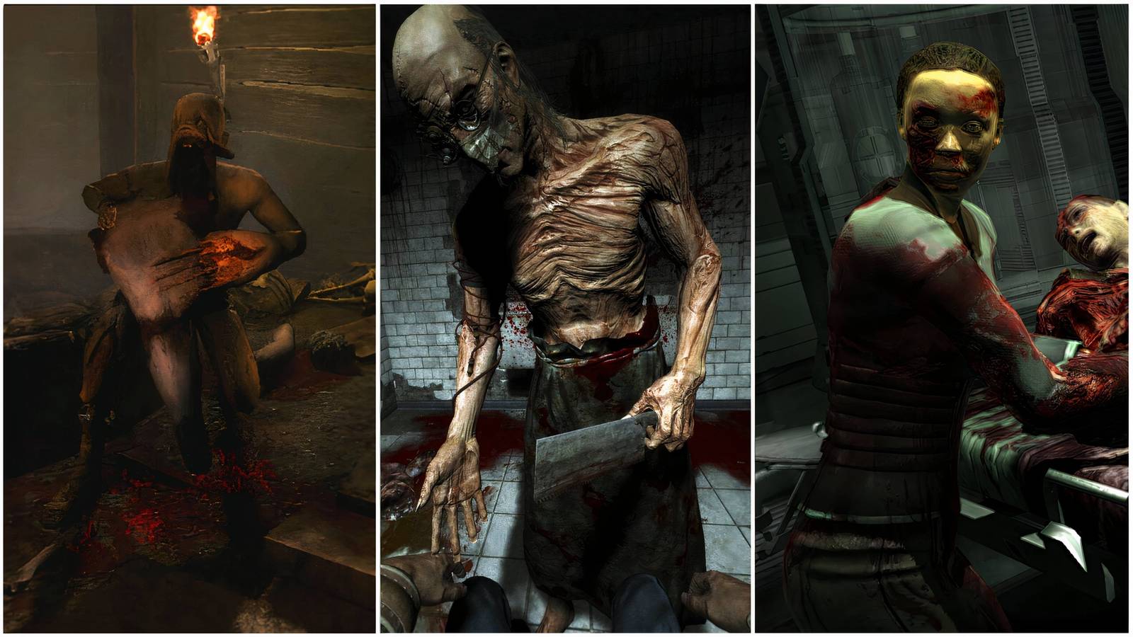 A collage of 3 horror games- Amnesia, Outlast, and Dead Space.