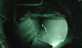 A screenshot from the game Outlast, showing a large, looming figure in the distance.
