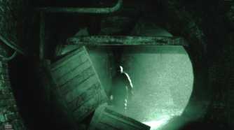 A screenshot from the game Outlast, showing a large, looming figure in the distance.