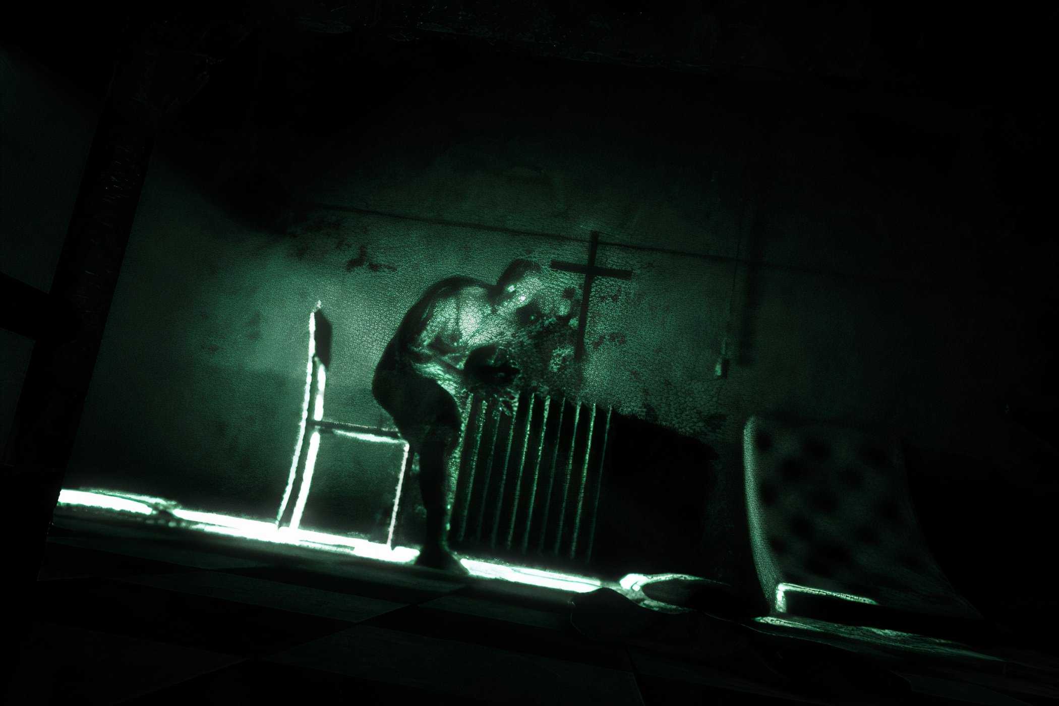 A screenshot from the game Outlast, showing a deranged peson in a nighvision filter.