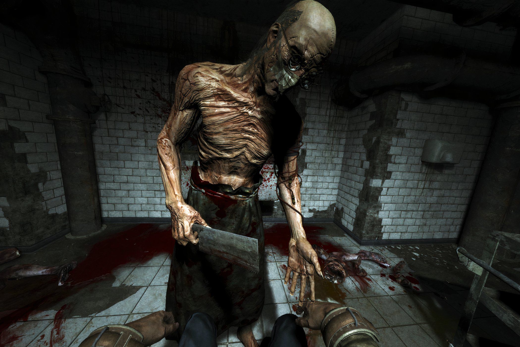 A screenshot from the game Outlast, showing a skeletal, grotesque person with a cleaver.