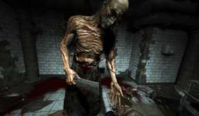 A screenshot from the game Outlast, showing a skeletal, grotesque person with a cleaver.
