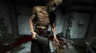 A screenshot from the game Outlast, showing a skeletal, grotesque person with a cleaver.