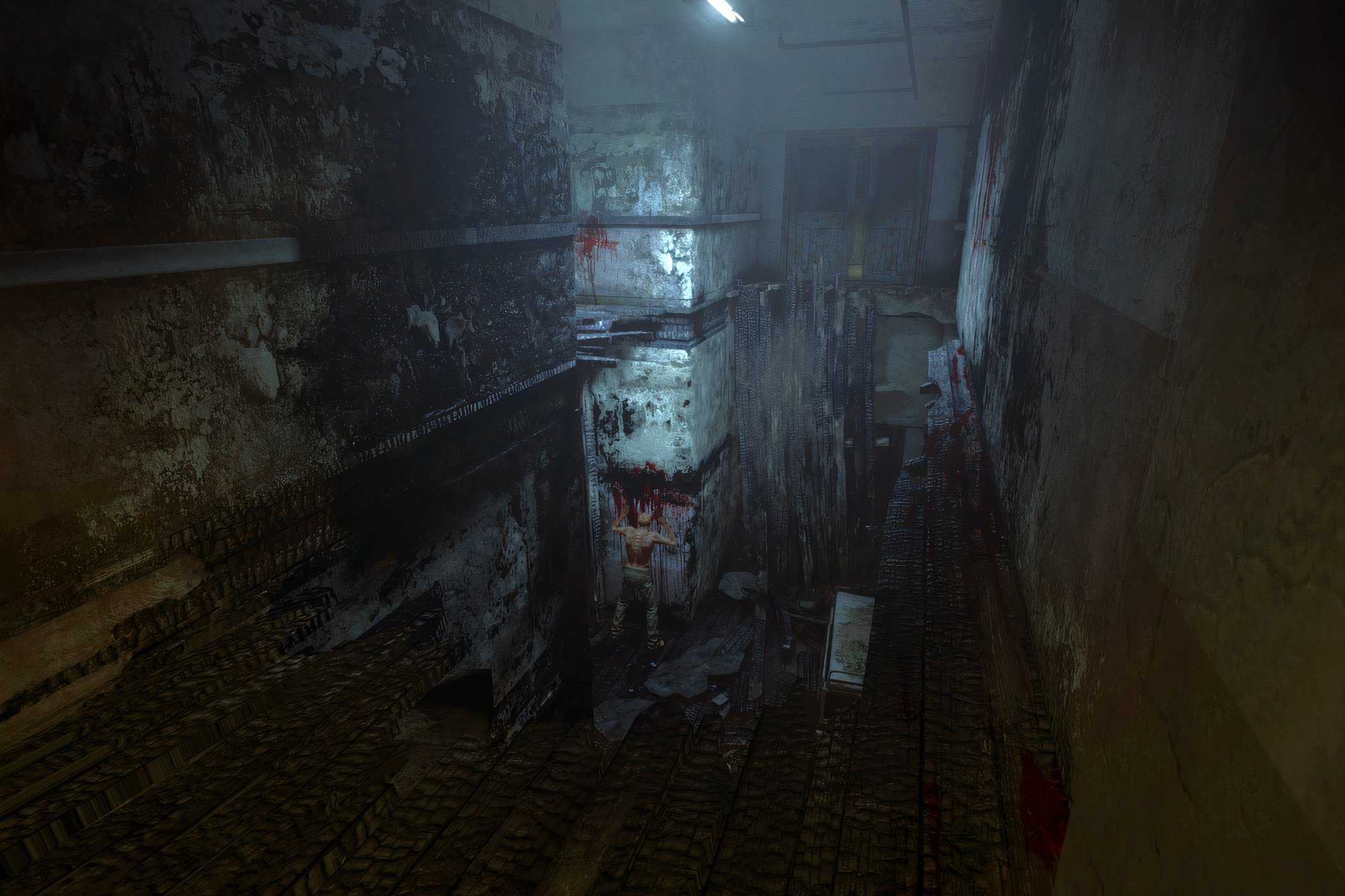 A screenshot from the game Outlast, showing a dark, dirty hallway.
