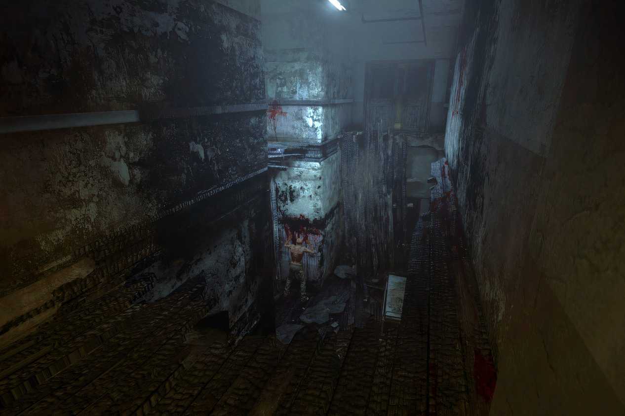 A screenshot from the game Outlast, showing a dark, dirty hallway.