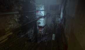 A screenshot from the game Outlast, showing a dark, dirty hallway.