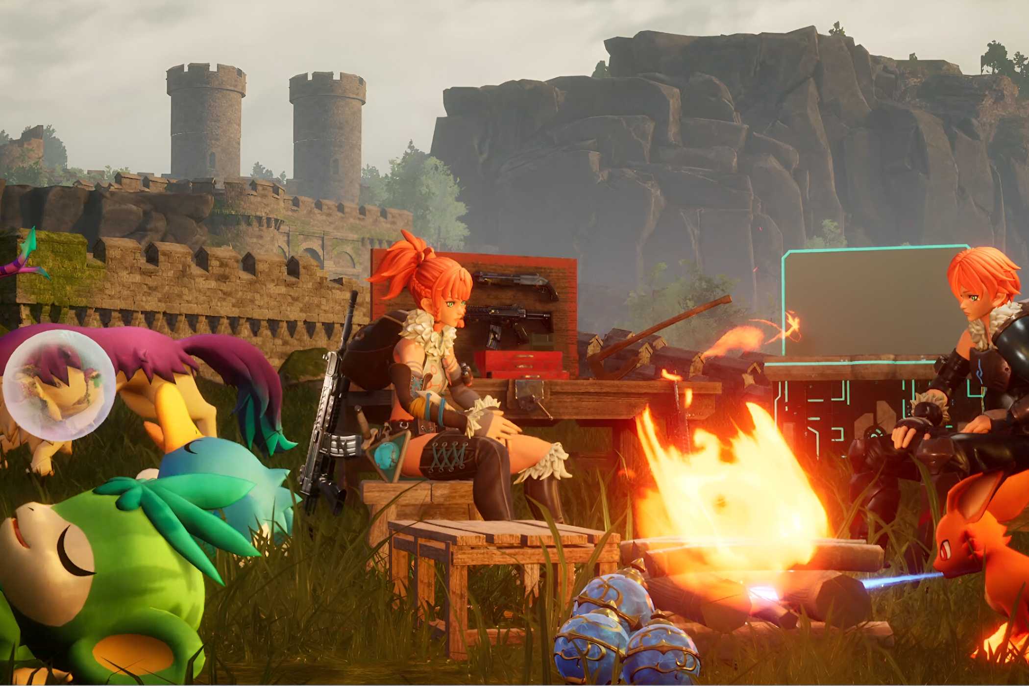 An image from the game Palworld, showing two people sitting around a campfire with other creatures sitting and snoozing around it.